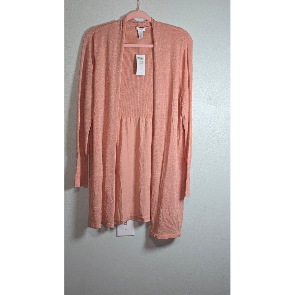 Chicos Love Story Cardigan Gypsy Queen Shimmer Longline Sweater Pink Sz 3 XL